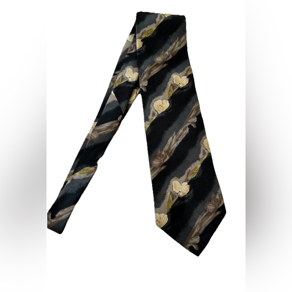 VTG Kolte Italian Silk Tie-Black Charcoal Gray Cream Orchid Floral Made In Italy